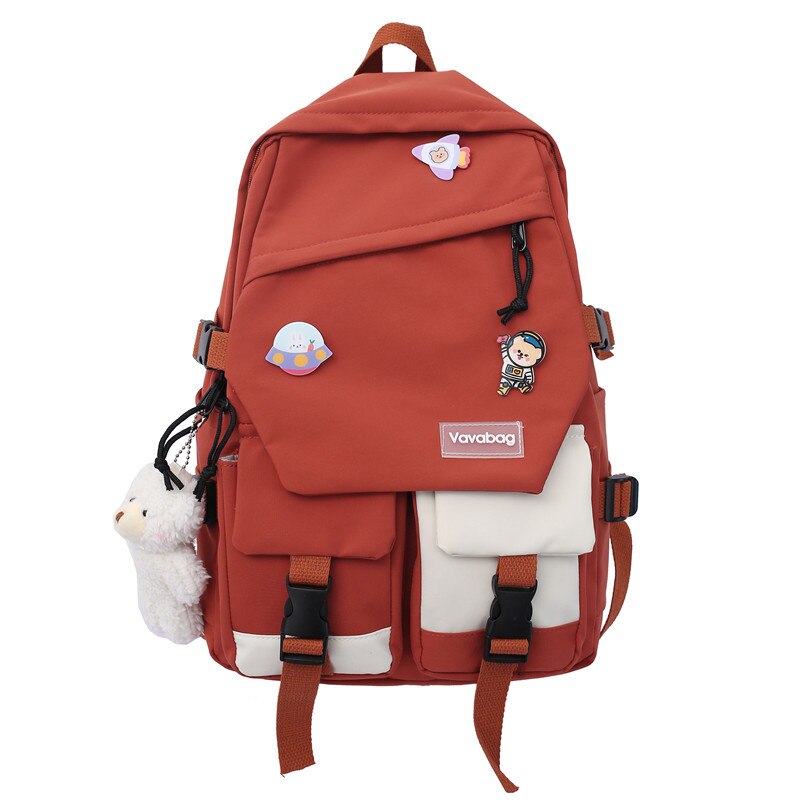 Schoolbag Female High School Students Cute Large-capacity Girl Vintage Backpack With Pendant: Orange