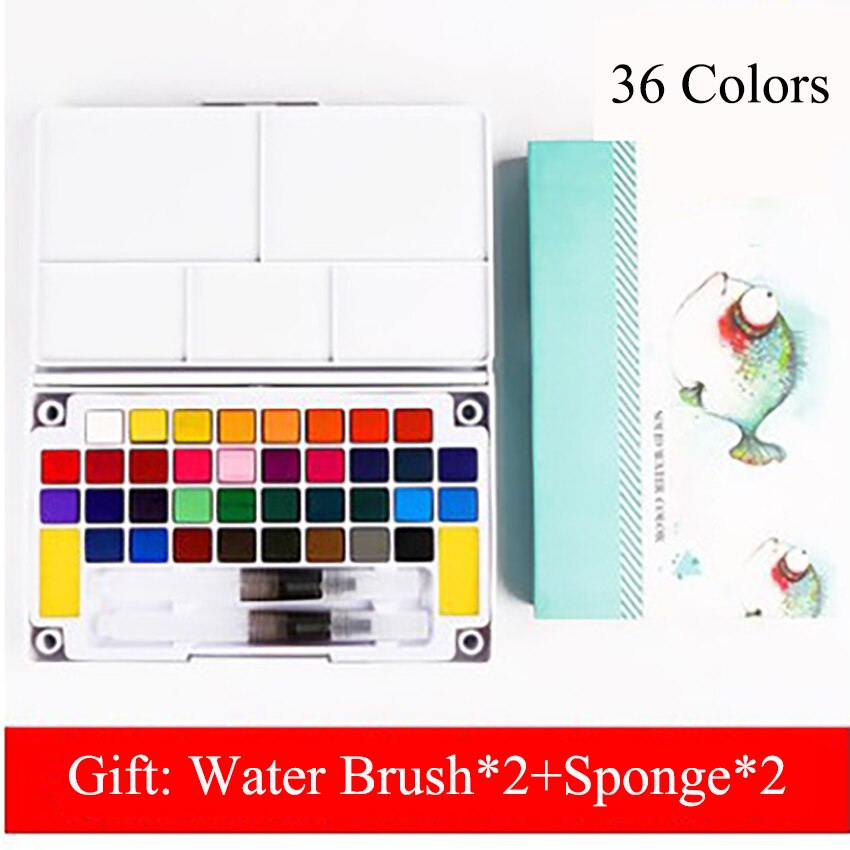 12/18/24/36 farver bærbar solid akvarel maling håndmalet akvarel pigment med akvarel pensel svamp til studerende kunst: 36 farver