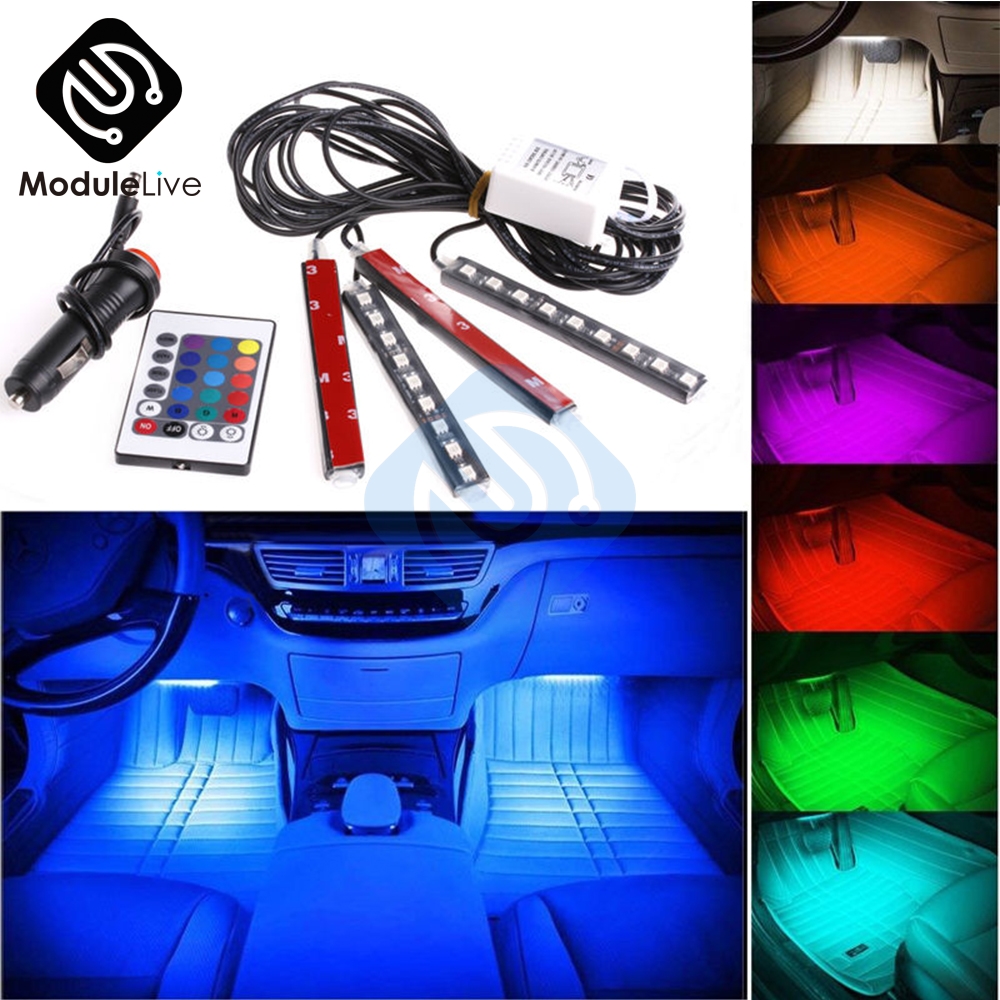 Auto Interni 4pcs 5050 9 LED Afstandsbediening Sigarettenaansteker Kleurrijke RGB Auto Interieur Floor Light Strip Voor Sfeer
