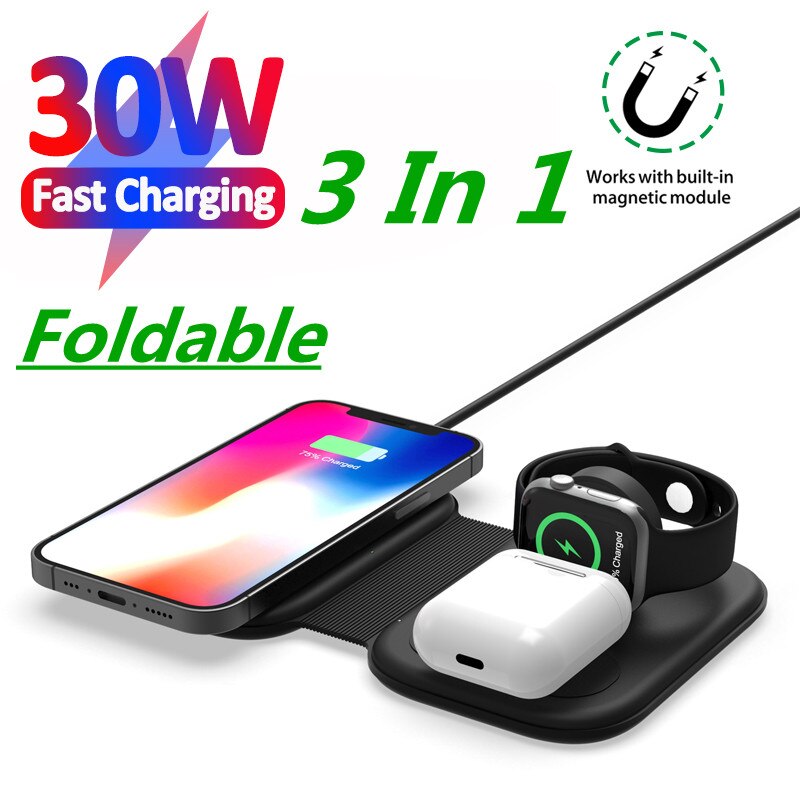 3 in 1 30w magnetischer kabelloser ladeständer für iphone 13 12 11 xs iwatch airpods qi-schnellladestation pad für samsung xiaomi