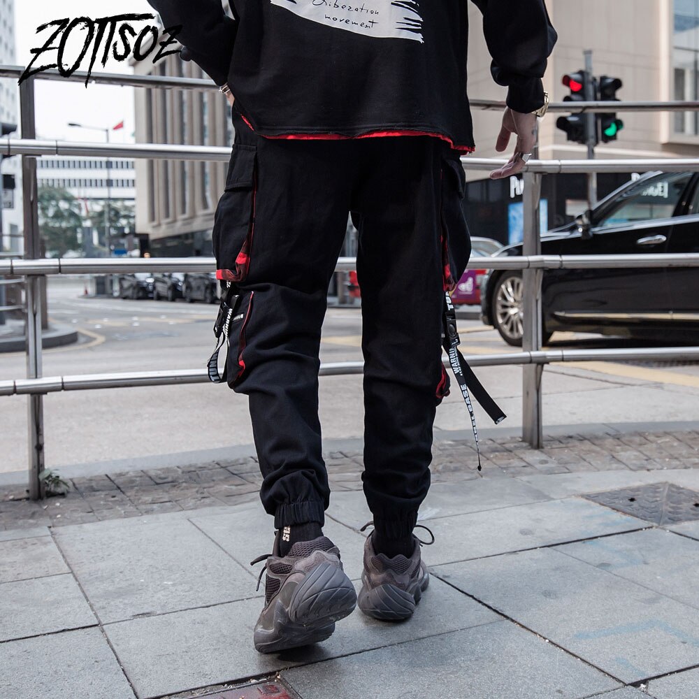 Mens Harem Joggers Cargo Sweatpants Streetwear Hip Hop Multi Pockets Ribbon Sweat Pants Mens Harajuku Casual Trousers