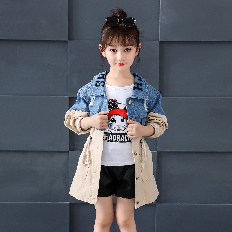 Abbigliamento per bambini giacca di jeans con cuciture per ragazze 2020 primavera e autunno nuova giacca da bavero Trench con lettere fresche piccole 4-12Y