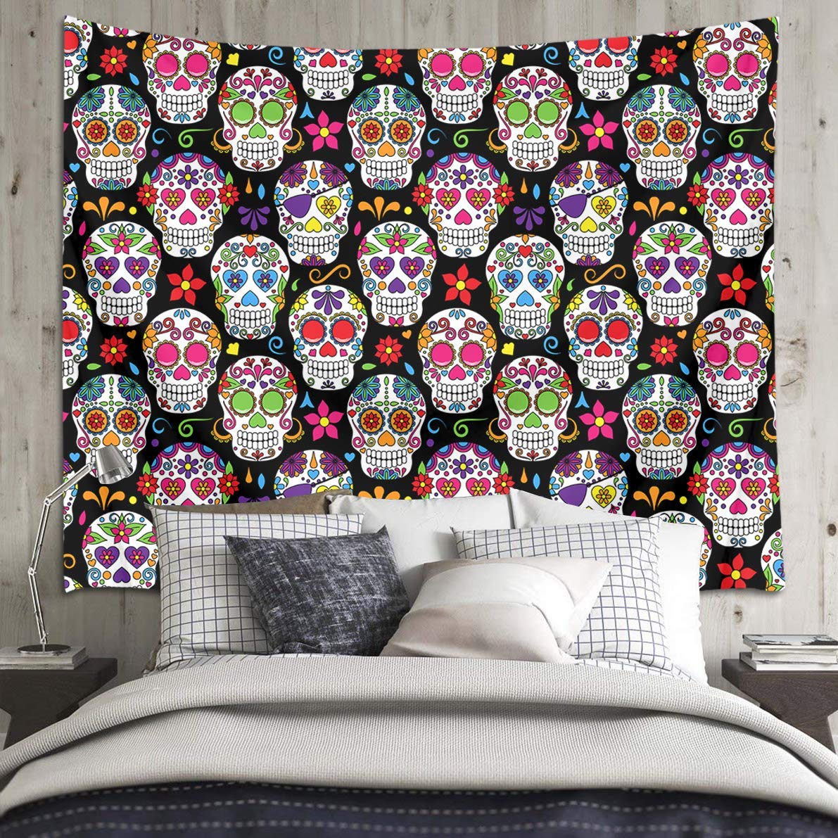 Sugar Skull Day of The Dead Theme Hippie Bohemian Skulls with Flowers Funny Mexican Wall Tapestry Home Decor