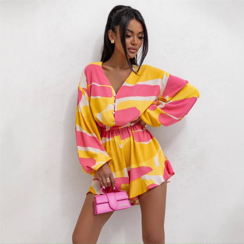 Dames zomer nieuw item V-hals knopprint lantaarn lange mouwen taille cinched ruche rand driedelige shorts jumpsuit losse pasvorm