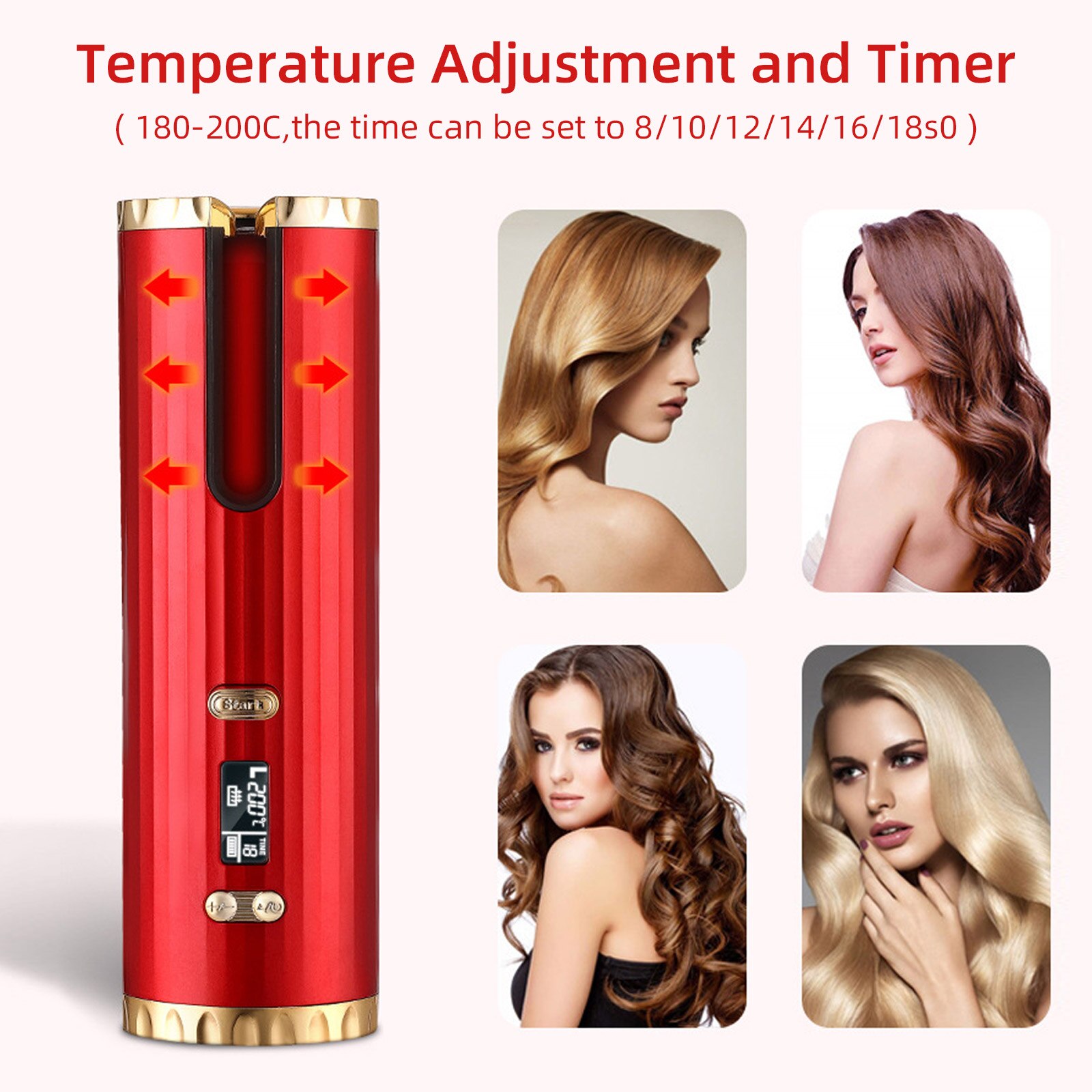 Cordless Automatic Hair Curler Portable Rechargeable Hair Curling Wand Roller Iron with 3 Temperature Settings Timer LCD Display