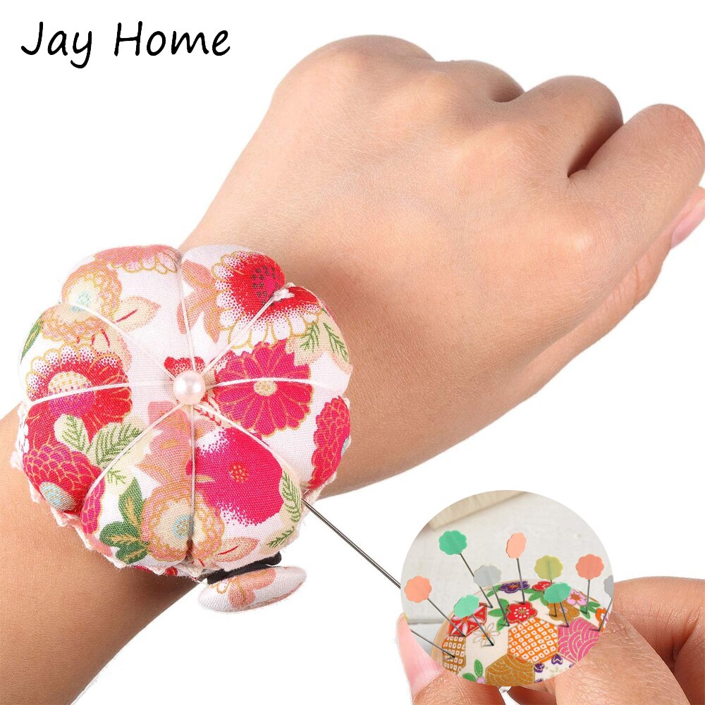 1PC Sewing Pin Cushion Wearable Wrist Pincushions Cute Floral Wooden Base Needle Pin Cushions Holder for Needlework Craft