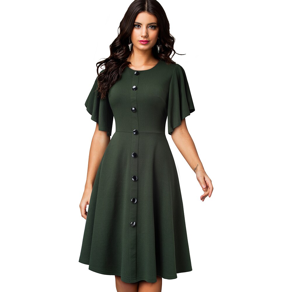 Nizza-für immer Sommer Frauen Einfarbig Elegante Schößchen Hülse Kleider lässig aufflackern Schaukel A-Linie Kleid A248: Olive Grün / M
