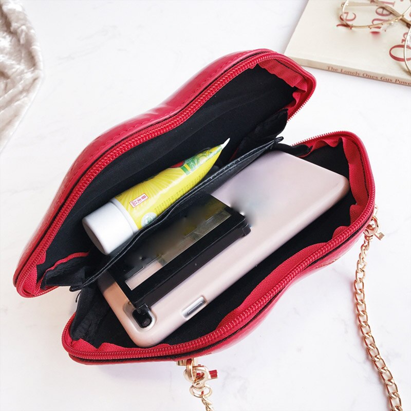 Bolso de hombro pequeño de PU para mujer, bolso de mano de de labios rojos de para mujer, bolso de mano con cadena Mini