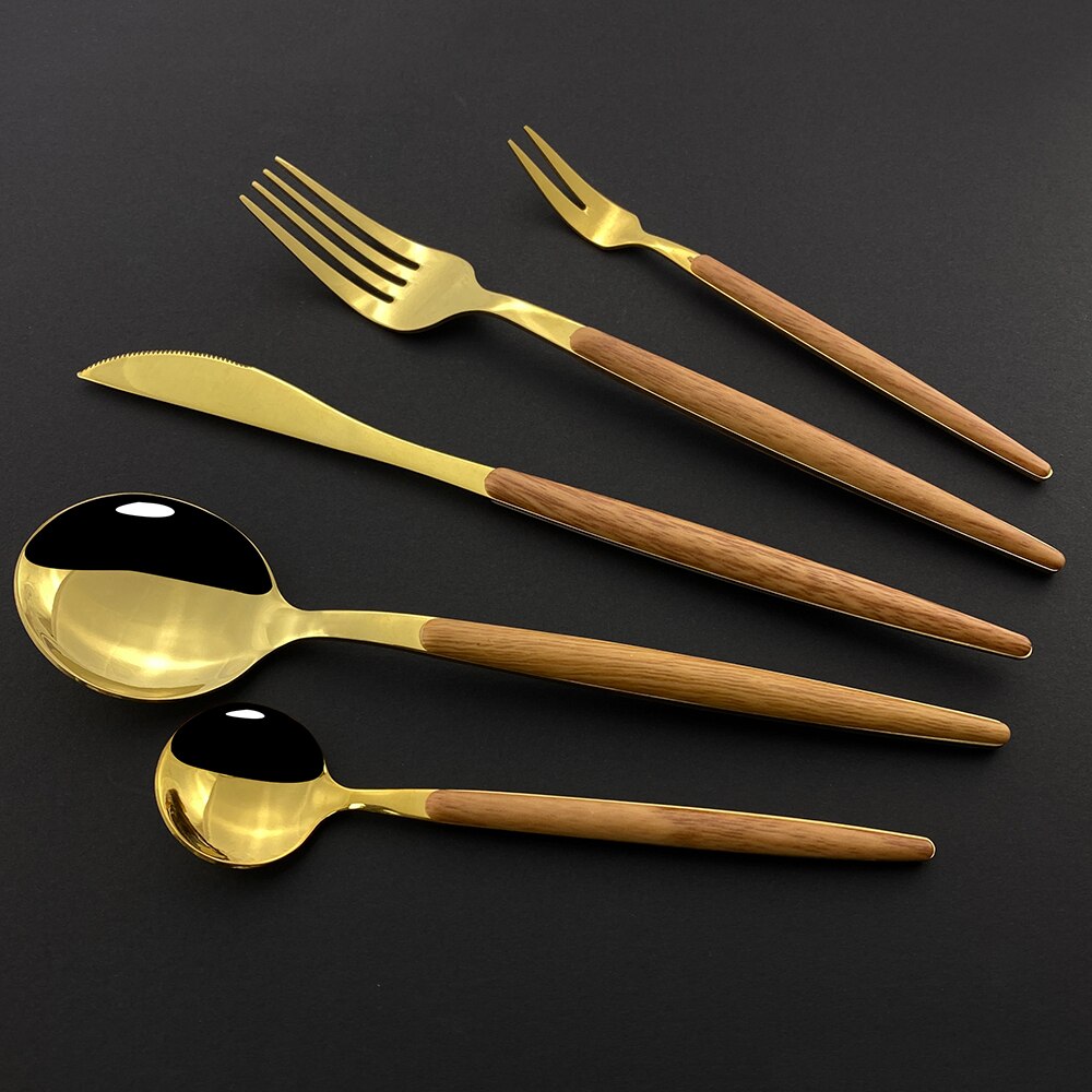 30Pcs Gold Bestek Set Houten Handvat Servies Rvs Servies Mes Vork Lepel Bestek Met Plastic Opbergdoos Lade