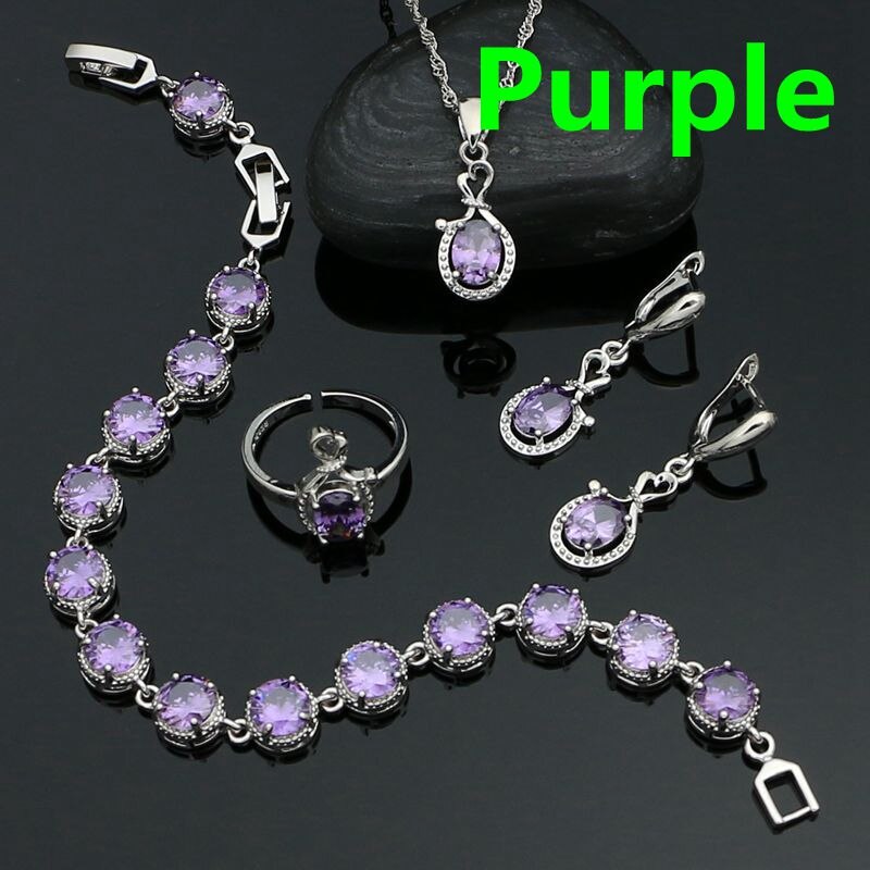 Weiß Topas Schmuck einstellen Silber 925 Offenen Ring Ohrringe Armbinde Kette Anhänger Klassische Hochzeit Zubehör für Frauen: Lila