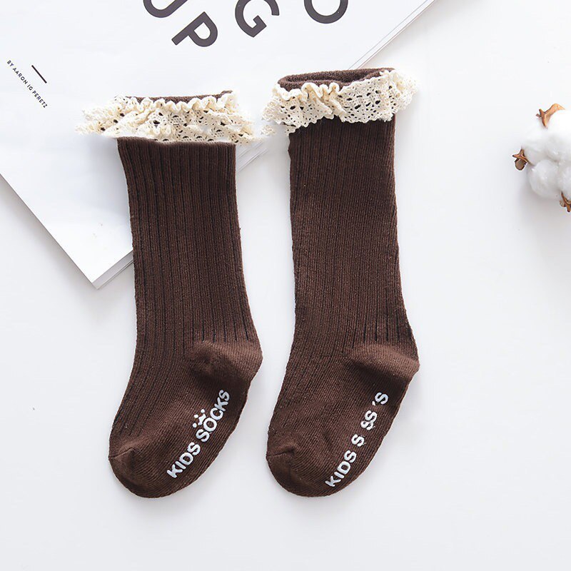 Neue Mädchen Einzigen Farbe Streifen Strümpfe blasiert Mund Strümpfe Baby Bowknot Baumwolle Rutschfeste Kleinkind Aktien Spitzen Strümpfe: Spitzenarbeit broewn / 2-4 T