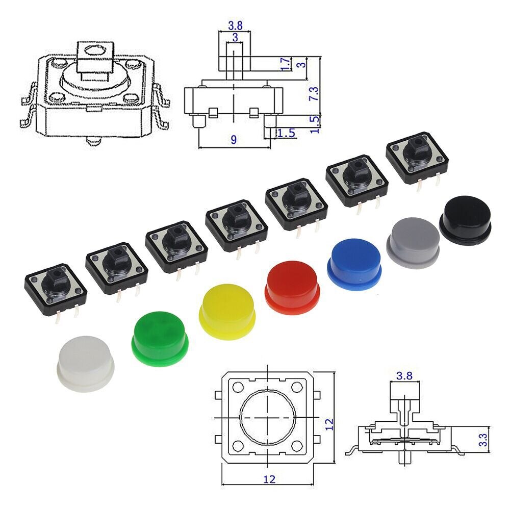 Tactile Push Button Switch Momentary 12*12*7.3MM Micro Switch Button + 5 Colors Tact Cap for DIY Kit