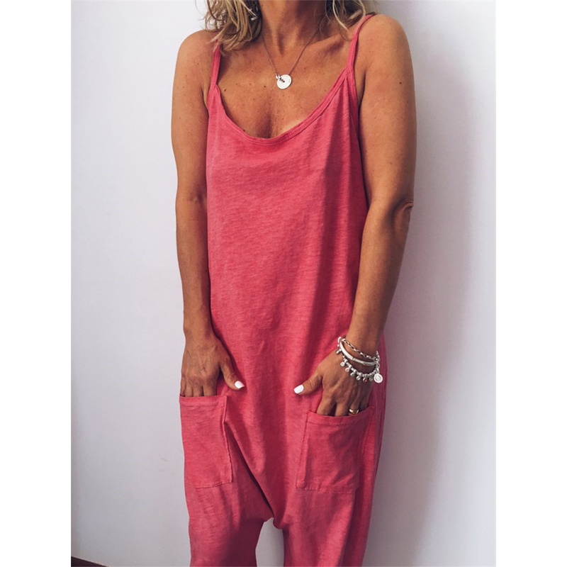 Conjunto deportivo sin mangas de verano hirigin, mono informal para mujer, ropa de casa, mono holgado con tirantes y harén, monos holgados.: Rojo sandía / Metro