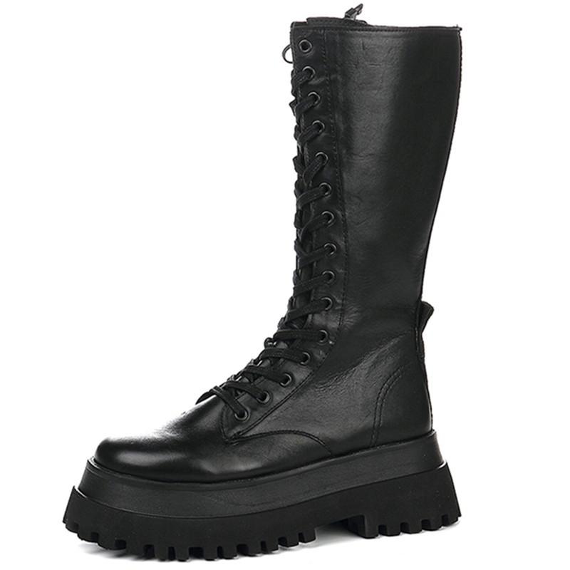 Plate-forme Bottes Mi-mollet Bottes En Cuir pour Femme À Lacets Chunky Semelle Bottes Femmes Chaussures D'hiver: 37
