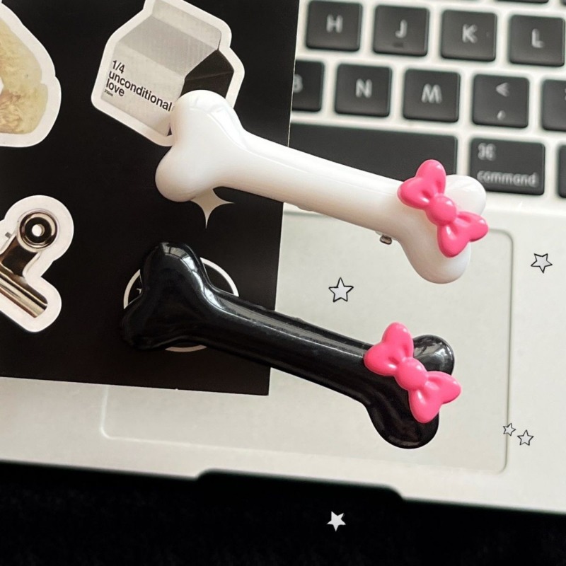 Pinzas para el pelo con forma de hueso de perro con lazo rosa Kawaii, horquilla de hueso Popular en blanco y negro, accesorios de pasadores de pico de pato encantadores para niñas