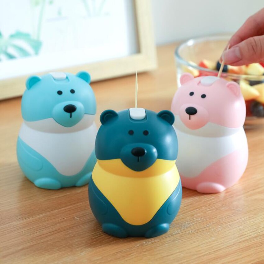 Automatic Push-type Toothpick Holder Cute Cartoon Bear Plastic Toothpick Dispenser with Slide Cover, Holds About 300 Toothpicks