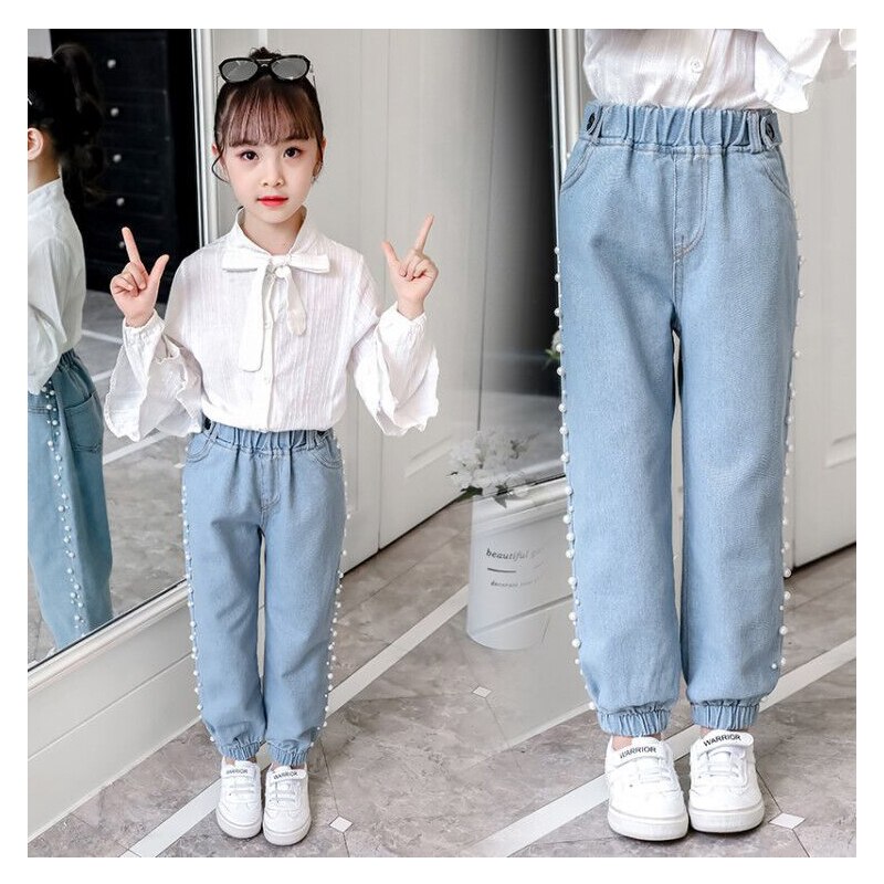 Pantalones vaqueros para bebé, ropa de primavera y verano para niña, pantalones vaqueros con cintura elástica azul perla, pantalones largos para niño, vaqueros con cuentas para niña de 4 a 12 años