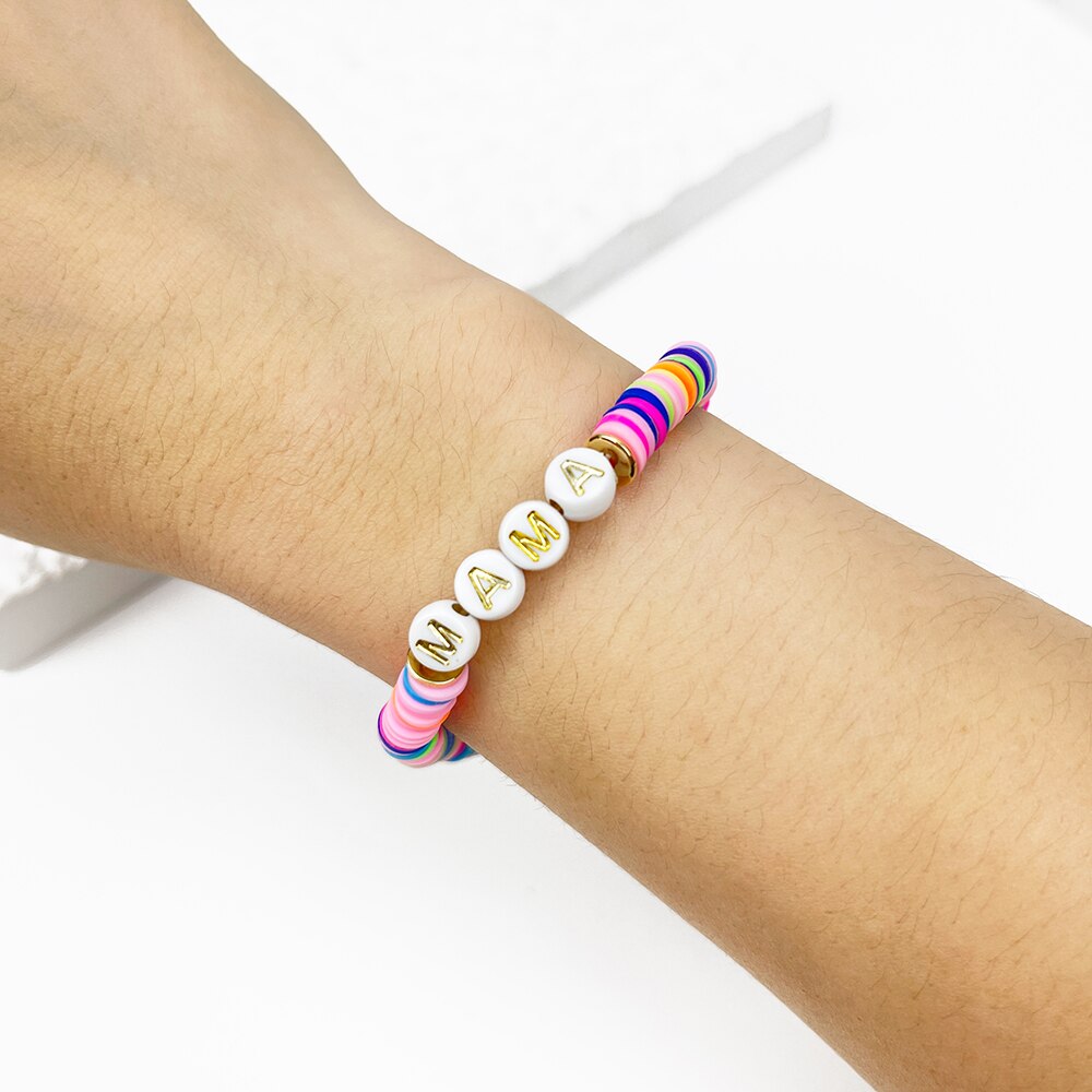 Peri&#39;sbox Cute Handmade Rainbow Polymer Clay Disc Bead Bracelet With Acrylic MAMA Letter For Mother&#39;s Day Jewelry