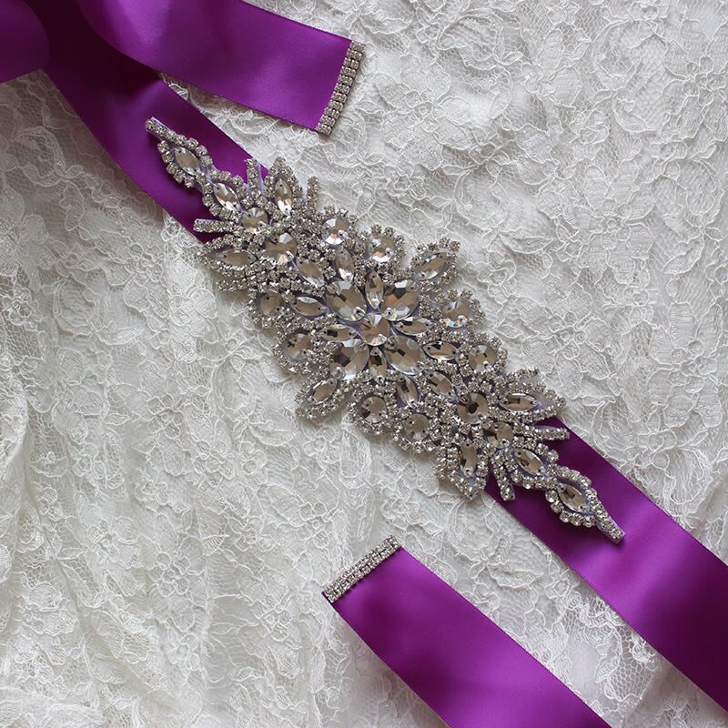 Bridal Crystal Wedding Accessories Satin Dress Belt Ribbon Waistband Sash for Evening Prom Dresses: Purple