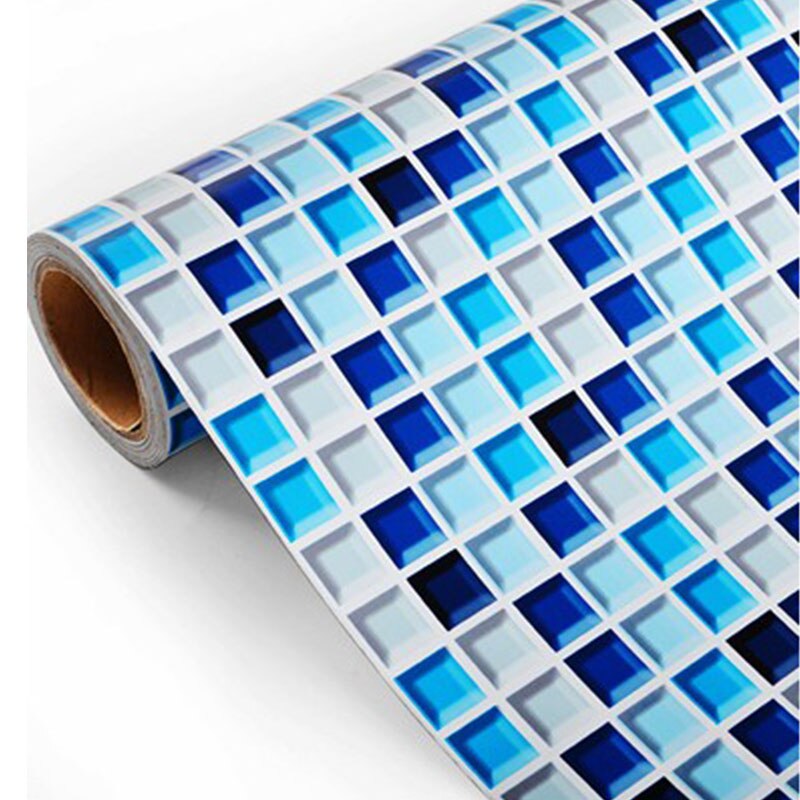 Mosaïque vinyle auto-adhésif papier peint rouleau toilettes salle de bain carrelage noir blanc décalcomanies cuisine étanche à l'huile PVC autocollant mural: Blue and white / 45cm X 5m