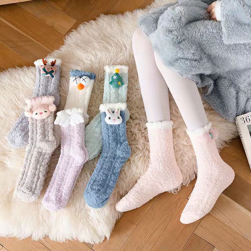 Coral Fleece Women Socks Bow rabbit Bear Candy Winter Thickening Cute Mid-tube Sock Ladies Home Bed Floor Slipper Sox