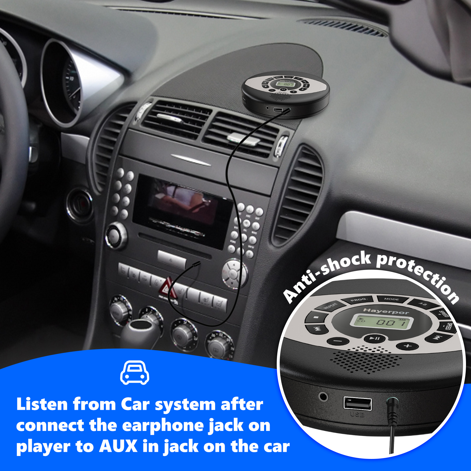 Discman rechargeable cd walkman with speaker portable cd player with USB,anti-skip protection,earbuds included,cd player for car