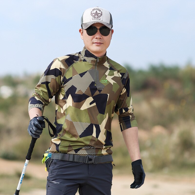 Forår mænd udendørs camping vandring trekking tøj langærmet camouflage sved ventilation bevægelse bjergbestigning mandlig t-shirt: Militærgrøn / M