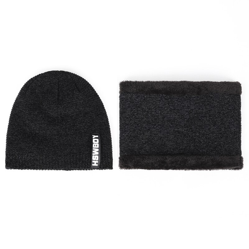 Herr vinterhatt halsduk 2 stycken setvarm plus sammet tjocka stickade hattar fashionabla mjuka baggy balaclavacasual man mössor: Svart