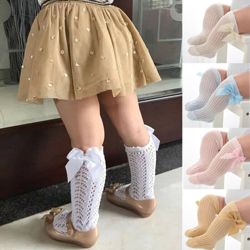 Leuke Peuters Meisjes Jongens 3/4 Knie Hoge Spaanse Stijl Plain Geribbelde Sokken herfst Kniekousen Panty Prinses boog Sokken 5 kleur