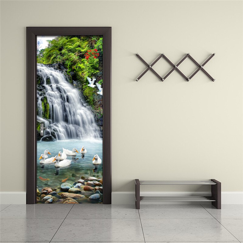 3D Waterfall Landscape Door Sticker Living Room Bedroom Home Decor Wallpaper PVC Self-Adhesive Waterproof Door Decal 3 D Murals