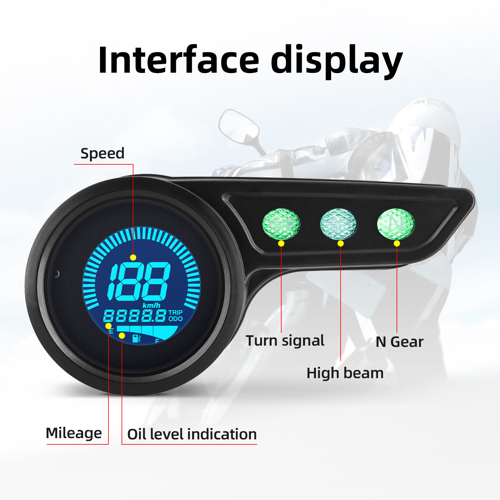 Retro motorfiets snelheidsmeter/kilometerteller met 7 kleuren achtergrondverlichting, snelheidsmeter (km/u), kilometerteller, versnellingsmeter, dagteller, brandstofniveau-indicator.