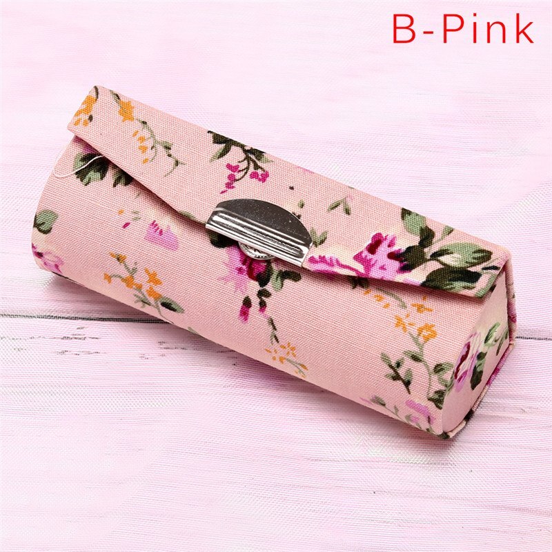 Blomsterudskrivning læbestift æske enkelt læbestift opbevaring taske kosmetiske tasker med spejl kvinder makeup opbevaring boks: B-lyserød