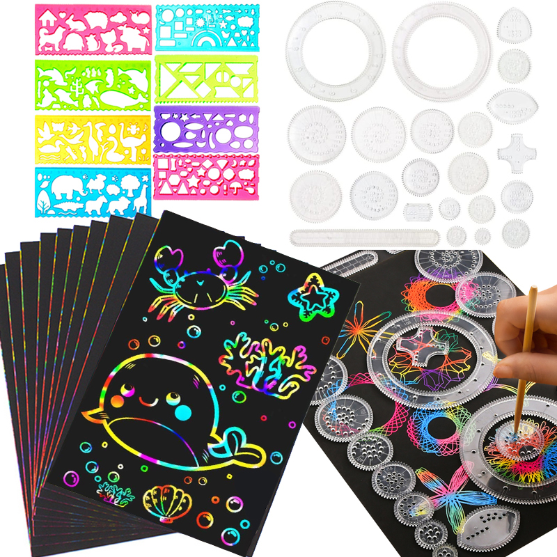 Rasguño de papeles de arcoíris, conjunto de dibujo de espirógrafo de engranaje clásico, plantillas de pintura geométrica de animales, reglas, juguetes artísticos para niños