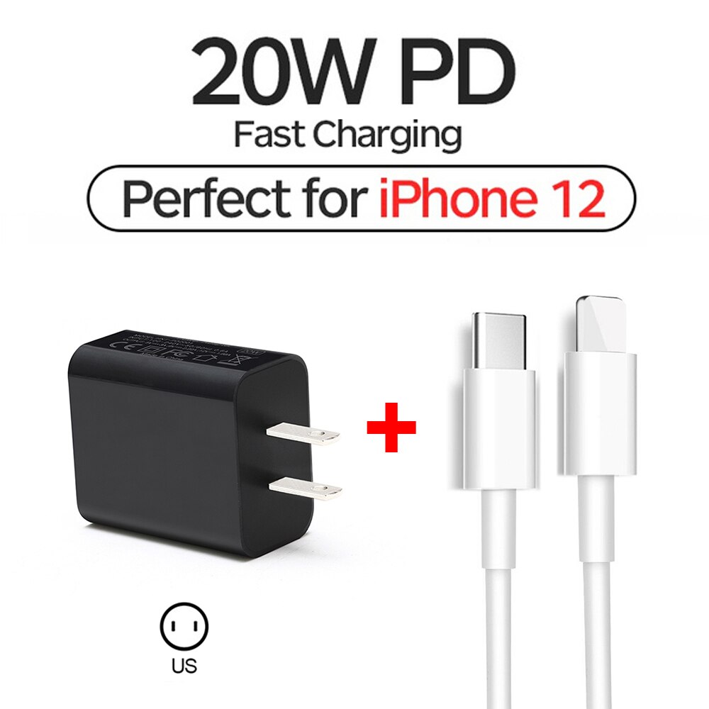 20W PD Schnelle USB C Wand Ladegerät Adapter 100-240V Typ C Lade Adapter Für iPhone 13 12 mini 13pro 11 Pro Max XS iPad Pro Air: 2in1 US Plug Black
