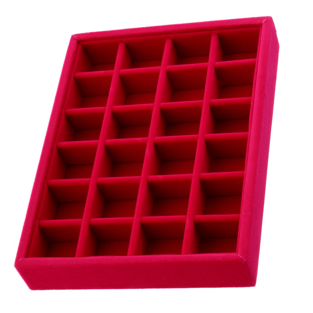 Portable Velvet Jewelry Ring Earring Insert Display Organizer Box Wooden Flat Stackable Tray Drawer Display Show Case: 24 Grids