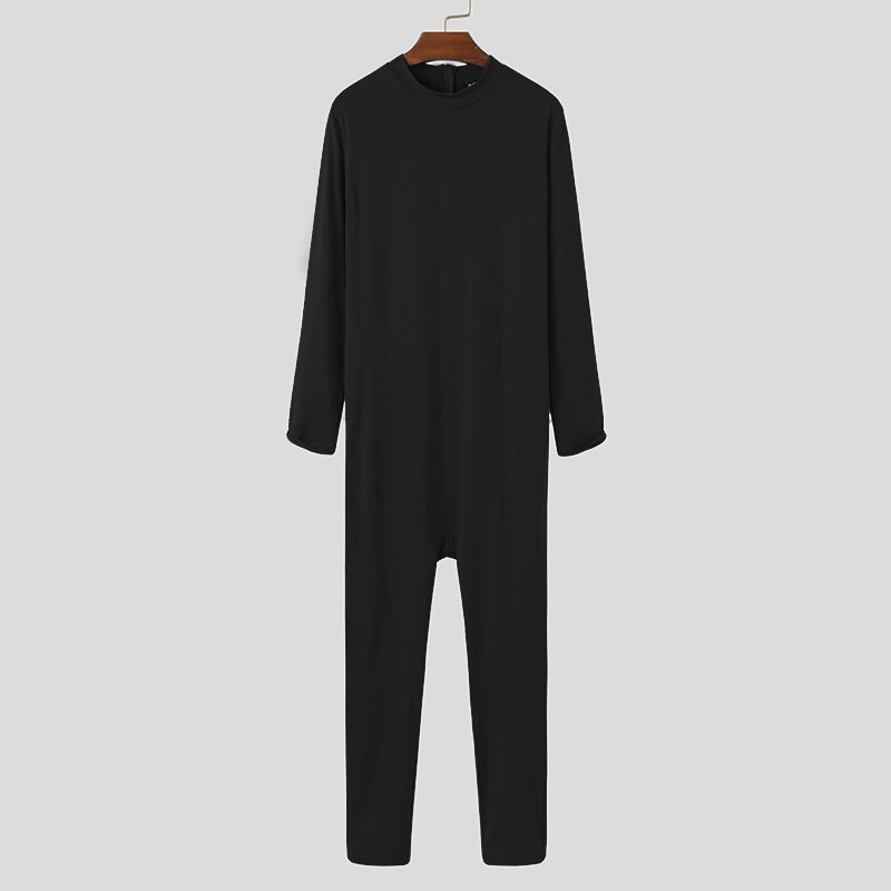 Hommes combinaison pyjamas à manches longues couleur unie O cou Homewear loisirs vêtements de nuit doux Fitness hommes barboteuses vêtements de nuit S-5XL INCERUN: Black / L