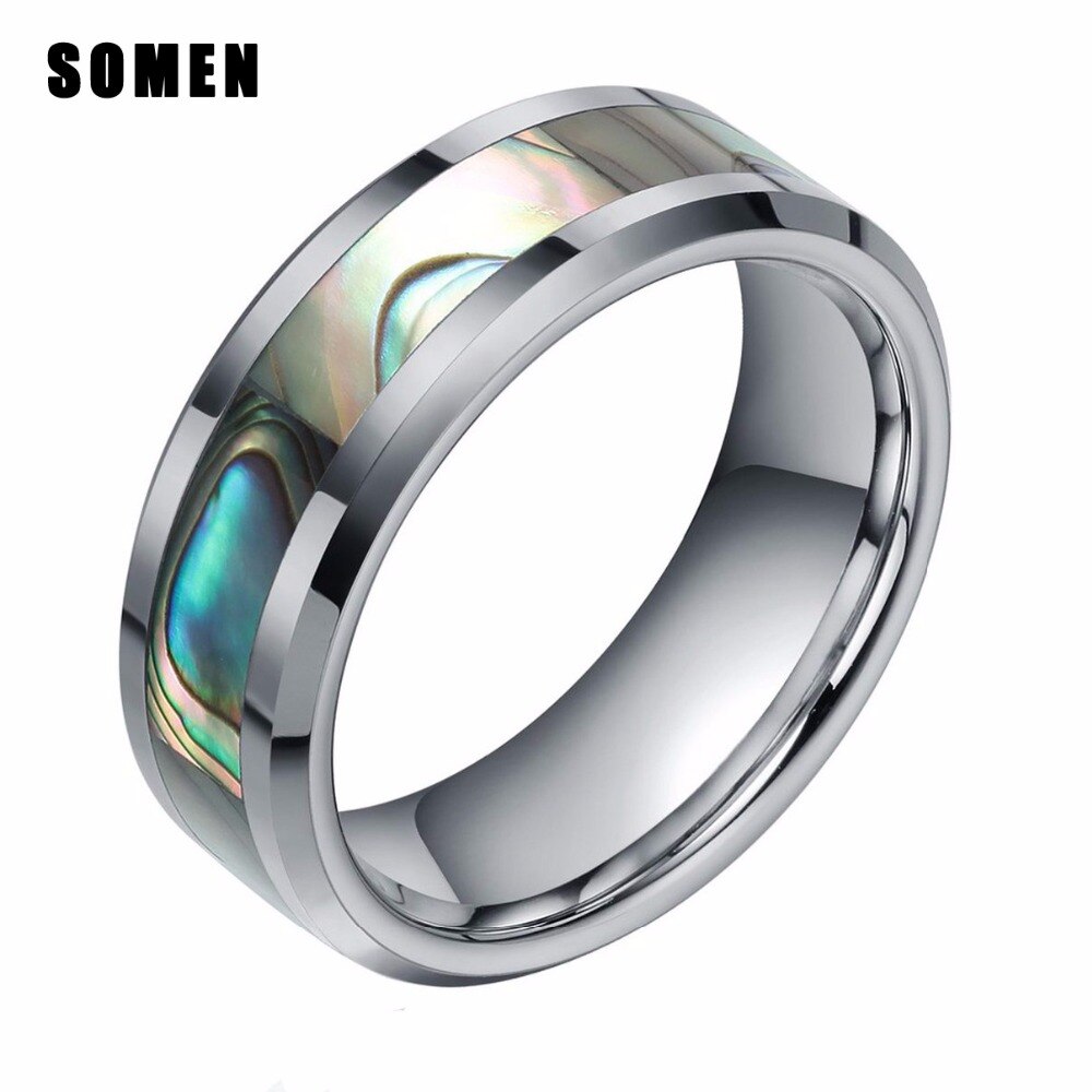 Somen Ring Men 8mm Tungsten Ring Green Abalone Shell Inlay Finish Beveled Wedding Band Engagement Rings Women Jewelry