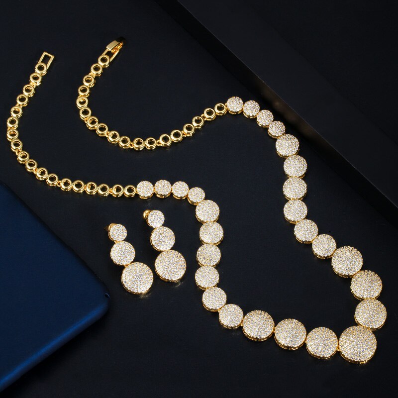 CWWZircons Top paillettes or jaune africain nigérian cubique zircone femmes collier de mariage bijoux ensemble pour les mariées T365