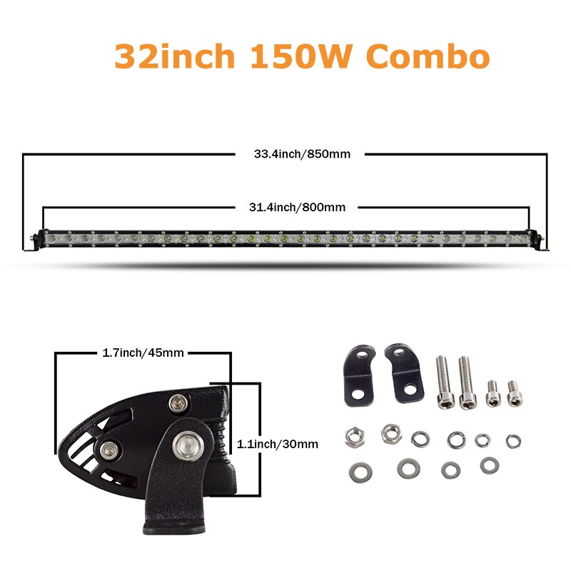 7&quot; 13&quot; 20&quot; 25&quot; 32&quot; 38&#39;&#39; Straight Slim LED Light Bar Single Row 60W 90W 120W 150W 180W For SUV 4WD ATV Off Road LED Work Light: 32inch Combo Beam
