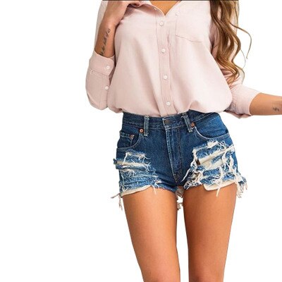 Sexy Back Zipper Denim Shorts Distressed Ripped Blue Shorts Jeans Feminino Plus Size