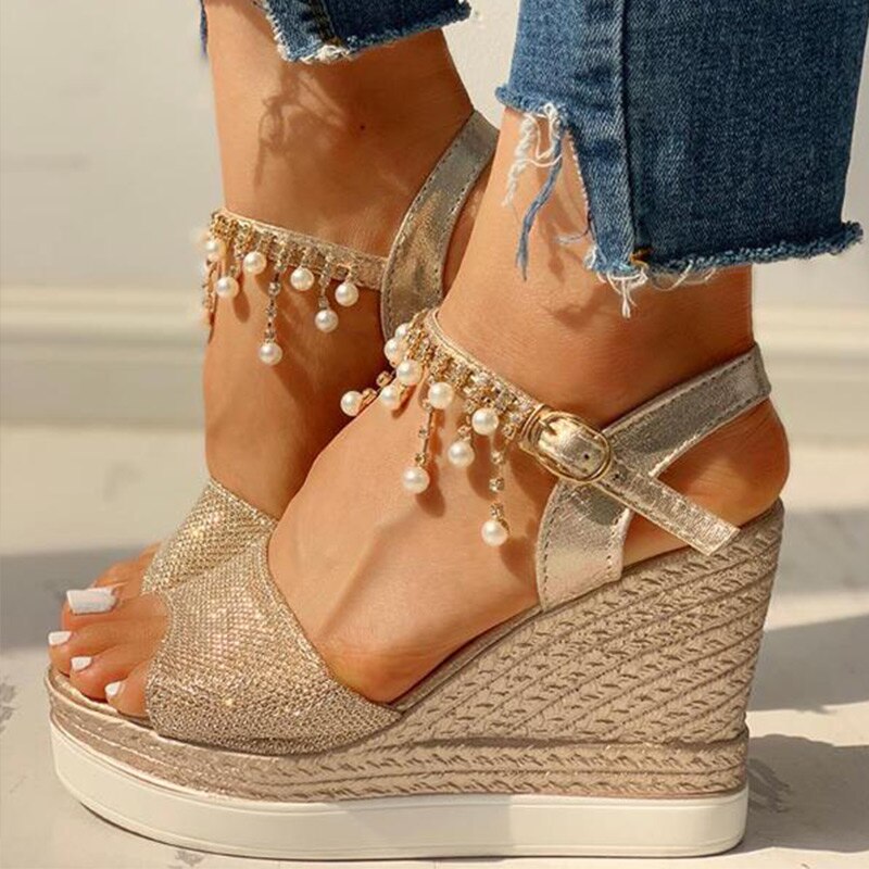 Kvinder kile sandaler sommer perle besat detalje platform sandaler spænde rem peep toe tyk bund fritidssko damer