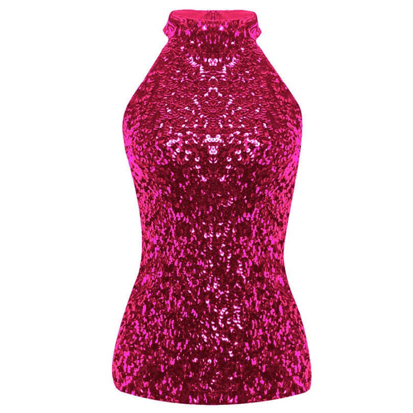 IEFiEL Glitter Pailletten Vrouwen Mode Shimmer Flashy Verfraaid Halter Hals Mouwloos Vest Tank Tops voor Clubwear Stage Voeren