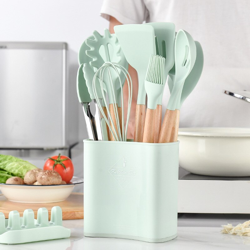 Juego de utensilios de silicona para la cocina, espátulas y palas antiadherentes con mango de madera, instrumentos para cocinar con recipiente de almacenamiento, accesorios para cocinas
