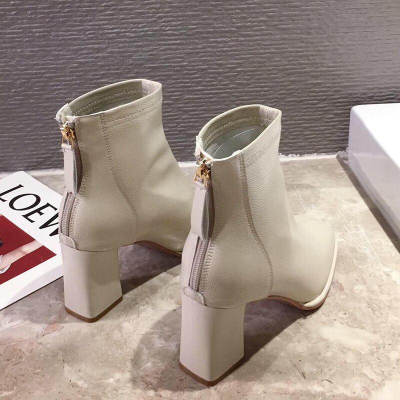 Luxe Vrouwen Beige 7Cm Blok Hoge Hakken Enkellaarsjes Winter Vrouwelijke Vierkante Neus Chelsea Laarzen korte Laarzen