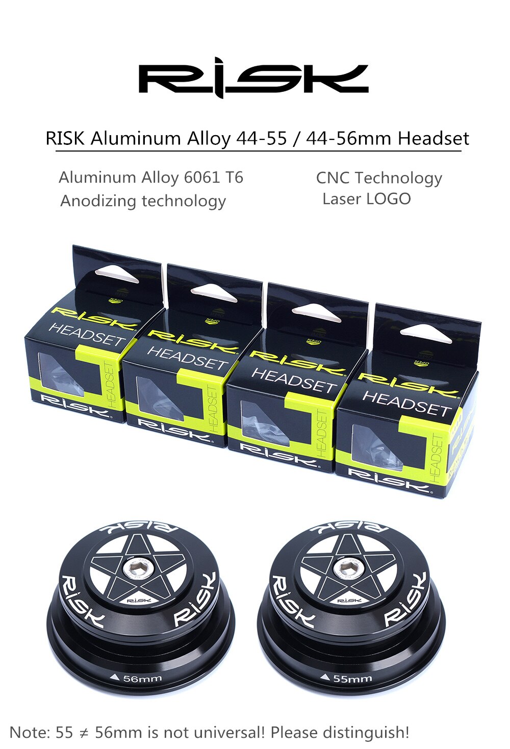 RISK DH-562 Bicycle Headset 44-56/44-55mm Aluminum CNC 1 1/8"-1 1/2" 1.5 Bike Tapered Tube fork Straight Steerer Double Bearing