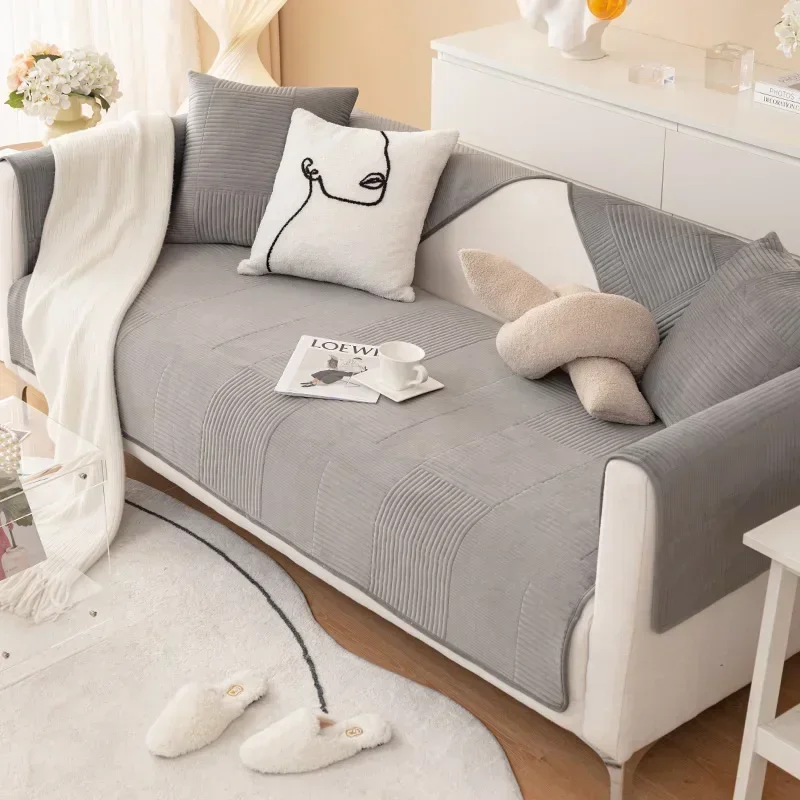 Cream Style Sofa Covers Thicken Plush Sofas Mat for Living Room Anti-slip Solid Color Couch Protector Slipcover Home Decor 소파 커버: CORAL / 60*210cm