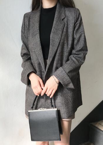Kvinnor höst kavaj kostym jacka rutig kappa dubbelknäppt kavaj mujer grå chaqueta mujer casual väste femme manteau: Grå