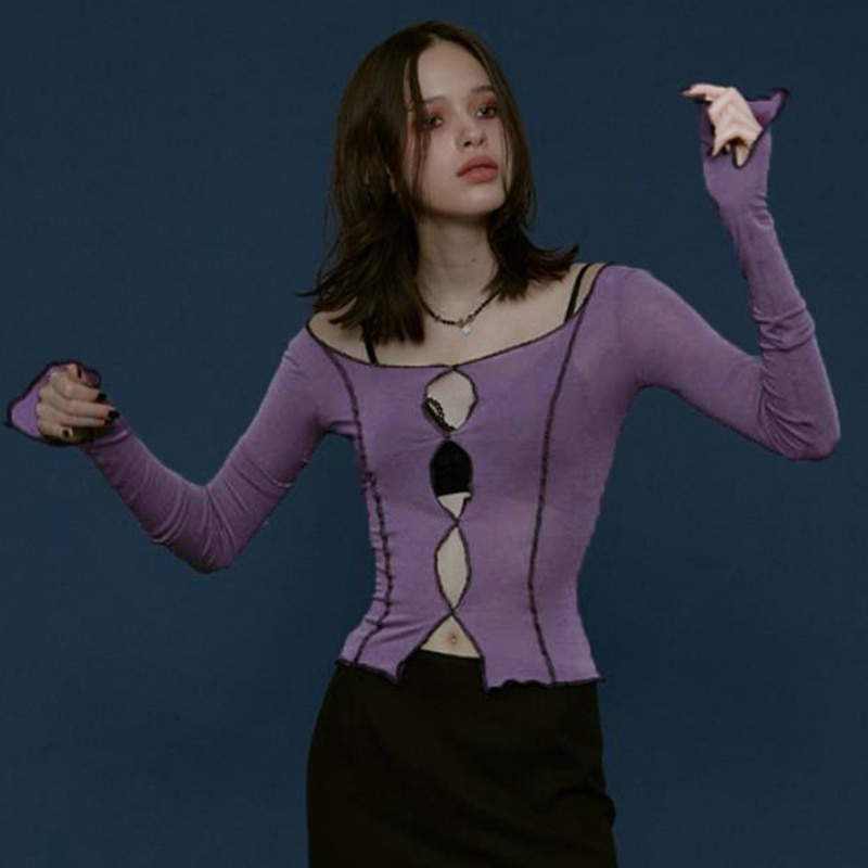 Wannathis roxo superior das mulheres manga longa camisas superiores 2020 oco para fora fenda hem outono streetwear magro algodão senhoras casual retalhos