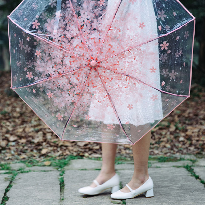 Trefold paraply kvinder gennemsigtig klar kirsebærblomst svamp apollo sakura foldning parasol paraply regn parasol