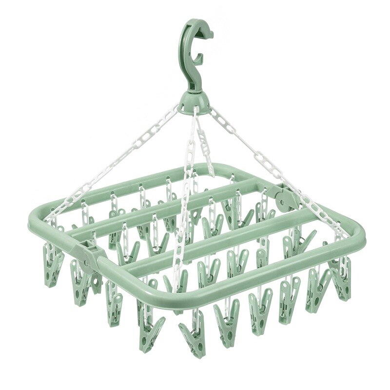 Rotatable Multifunctional Round Drying Rack With 32 Clips Plastic Foldable Clip Space Saving Indoor Socks Drying Rack Hangers: Green